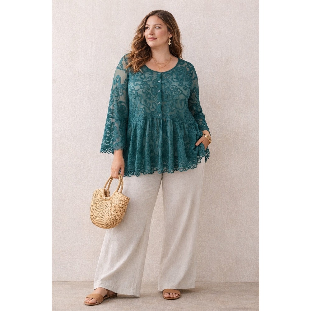 Lane Bryant Teal Lace Tunic Boho Lagenlook Sheer‎ Embroidered Top 14/16